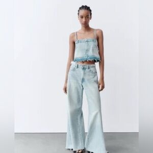 Zara denim crop top mimicking jeans, spaghetti straps and frayed hem NWT LG Y2K
